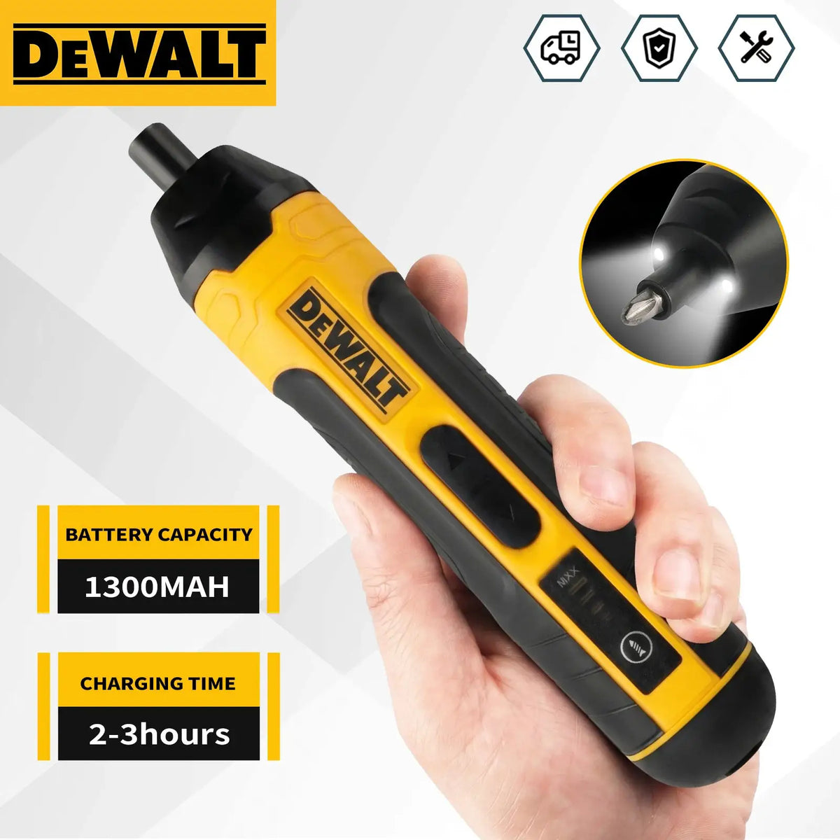 DEWALT cordless electric screwdriver with yellow/black housing, 3.6V, 1/4 inch chuck, 1300mAh Li-ion battery HT422