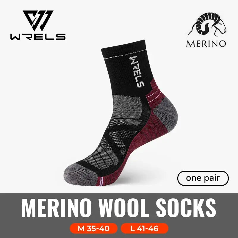 WRELS Merino wool socks, one pair, black with gray and maroon accents, thermal hiking socks