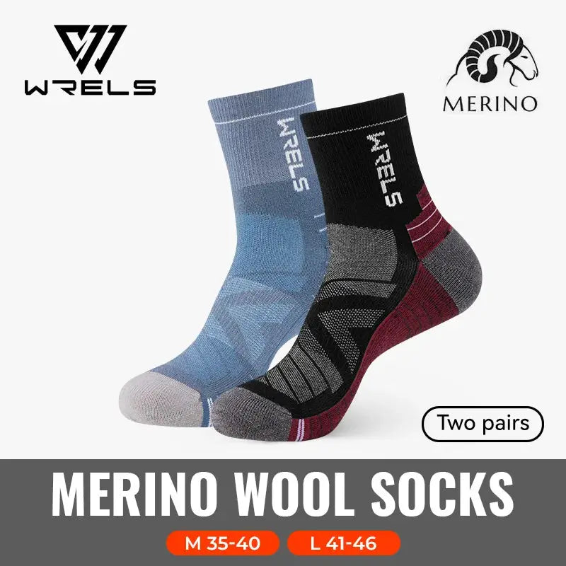 WRELS Merino wool socks, two pairs in blue and black/gray with burgundy accents, thermal hiking socks