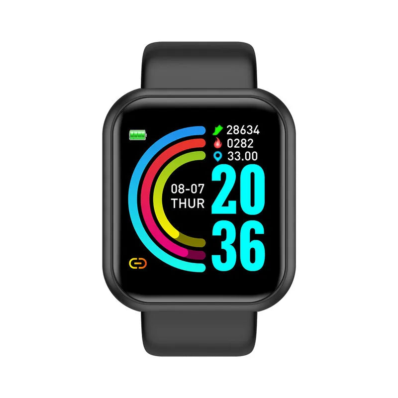 Smartwatch with black strap and square touchscreen display showing colorful fitness metrics
