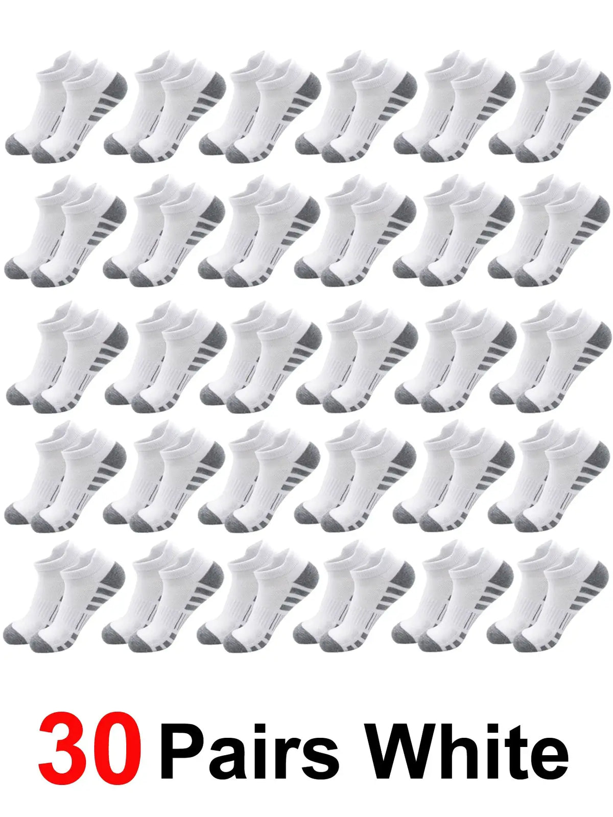 Breathable cushioned athletic ankle socks with extra padding, 30 pairs, white with gray toe and heel.