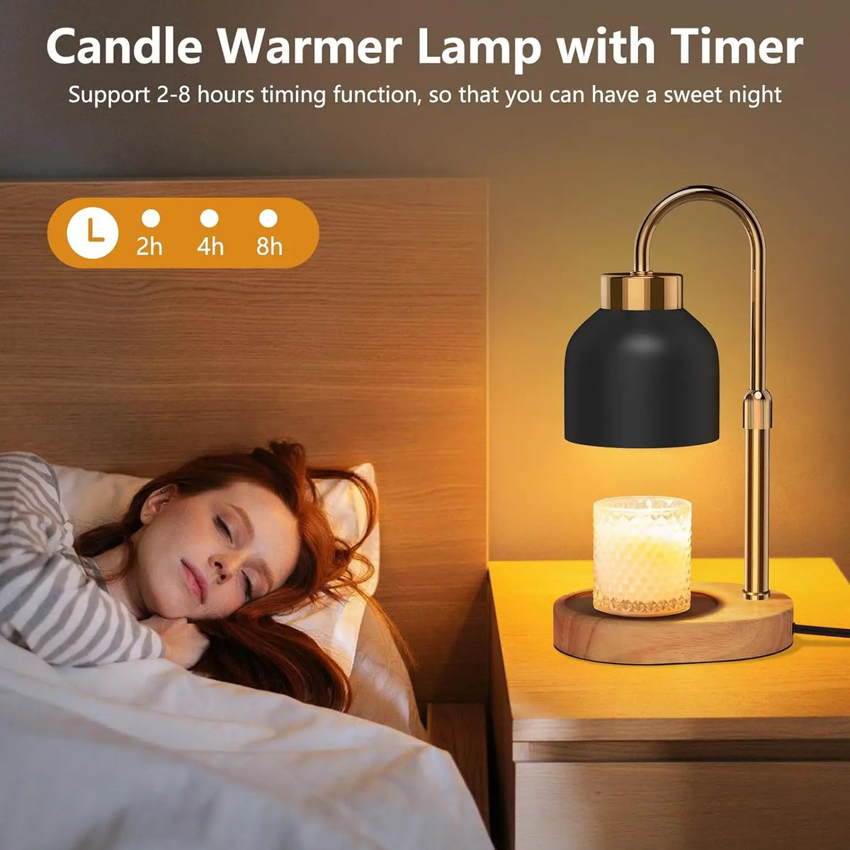 Candle Warmer Lamp with Timer on bedside table; brass arc lamp with black shade beside a glowing candle.