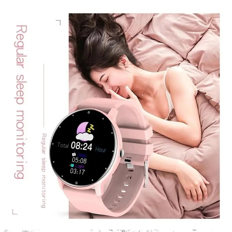 LIGE waterproof smartwatch with pink band, round touchscreen displaying time