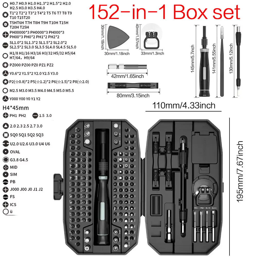 152-in-1 precision screwdriver set for laptops in a black carry case with assorted bits