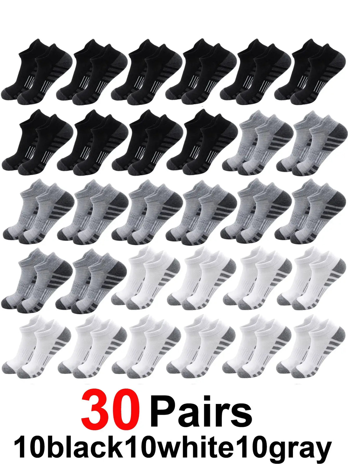 Breathable cushioned athletic ankle socks with extra padding, 30 pairs in black, gray, and white from PrimeCanada.Store.