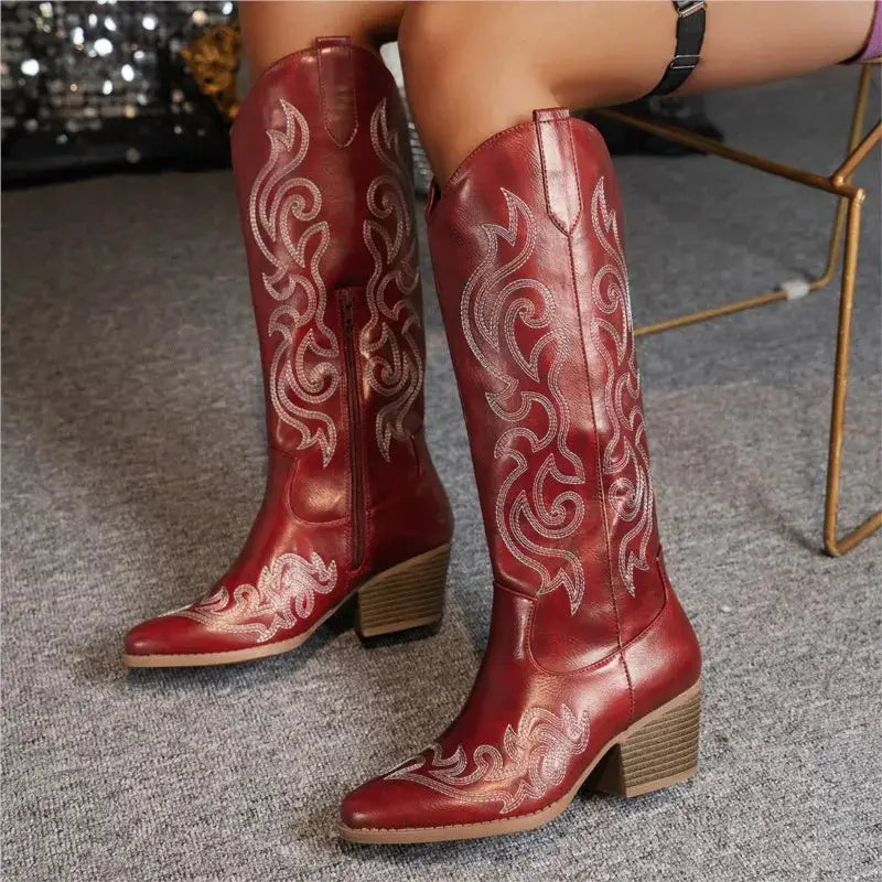 Women’s red leather cowboy boots with vintage white embroidery; stacked heel, PrimeCanada.Store Shoes
