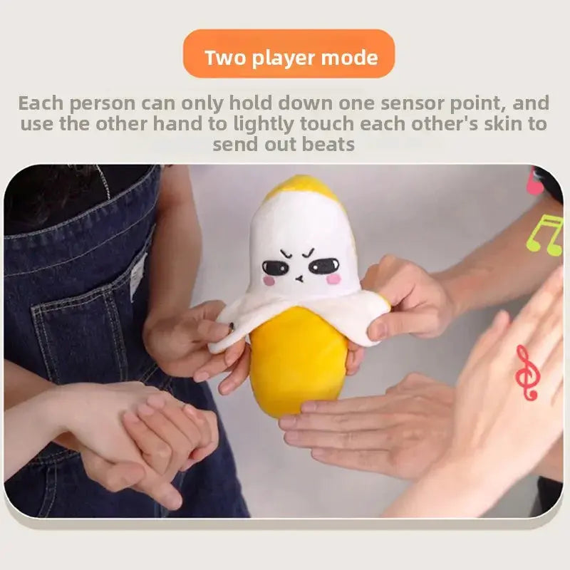 Plush banana toy for kids with white hood, yellow fruit, two-player sensory music game