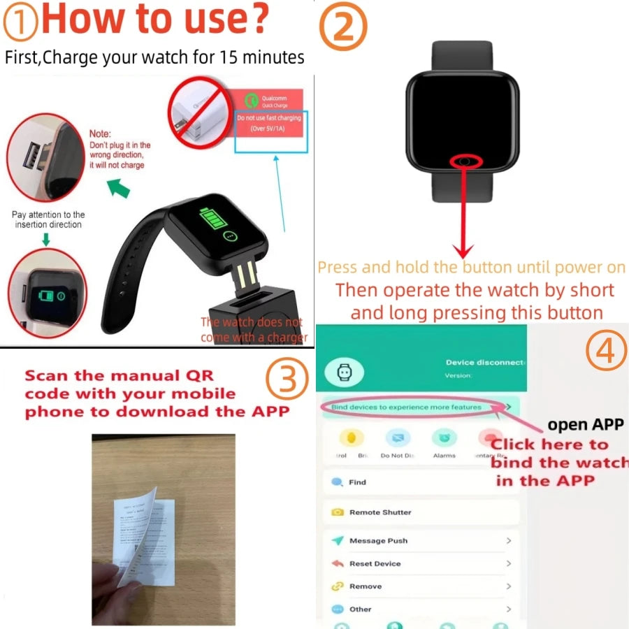 Smart Watch Fitness Tracker, black smartwatch with strap; charging cradle and app setup steps collage
