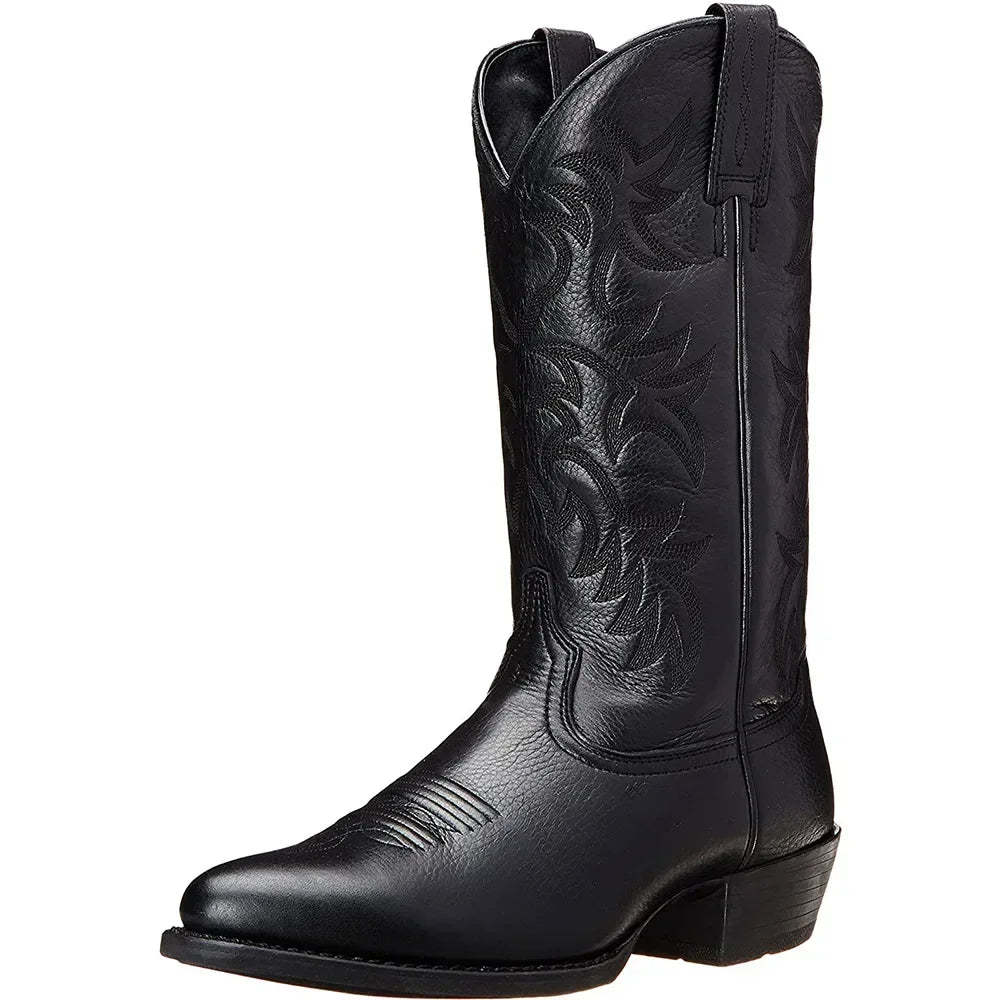 Handmade Men Cowboy Boots in black leather with decorative western stitching by PrimeCanada.Store