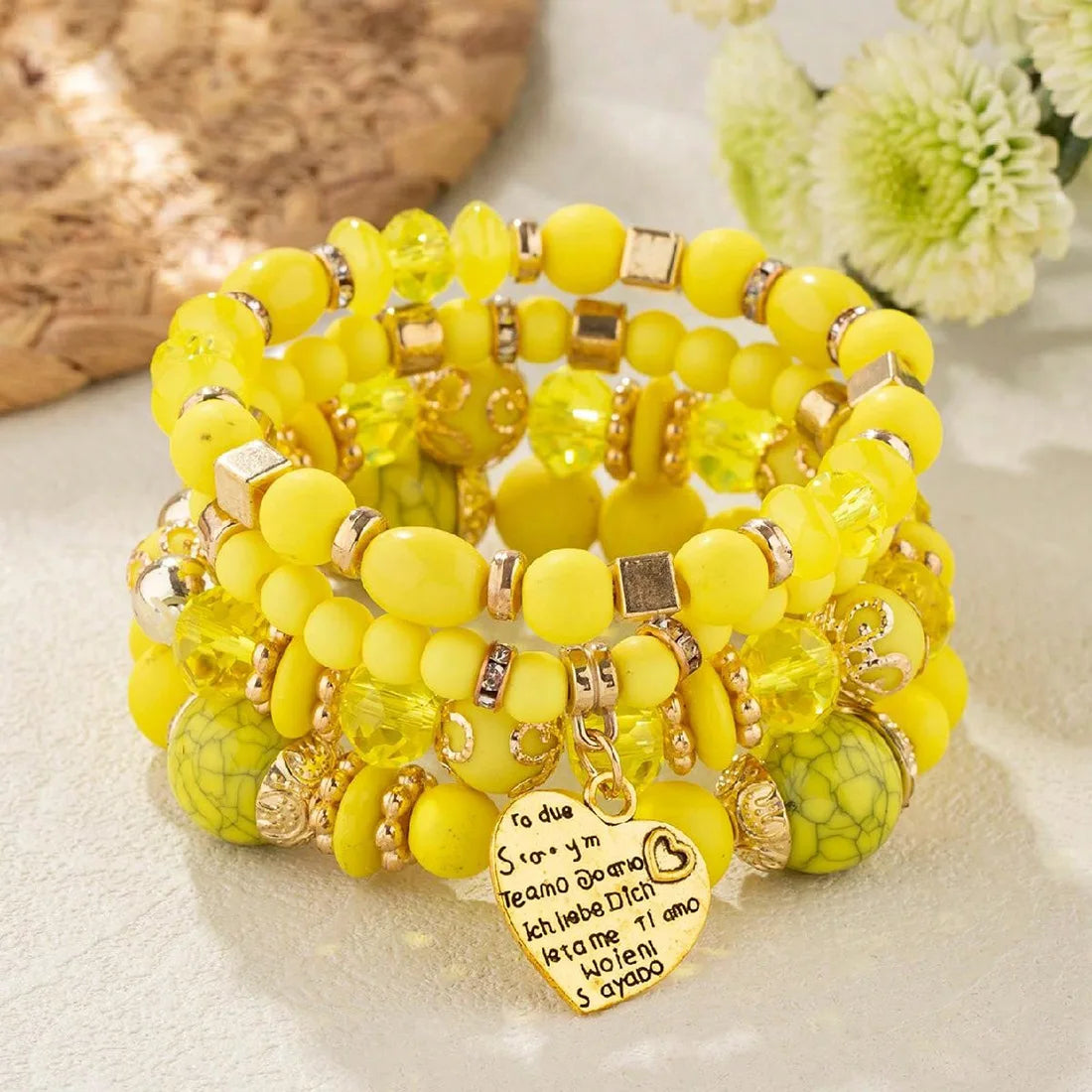 Boho Crystal Heart Bracelet Set; yellow stackable elastic beaded bracelets with heart charm