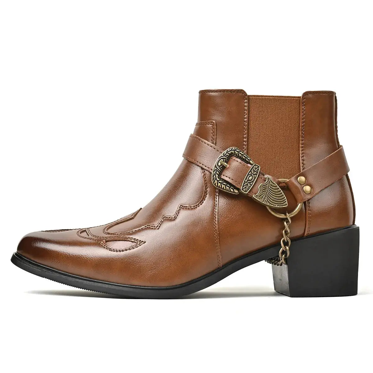 Men's Vintage Leather Cowboy Boots by PrimeCanada.Store, brown leather ankle boot with buckle strap