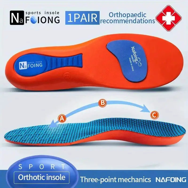 Orthopedic insoles for feet, 1 pair, orange bottom with blue top surface, Nafong brand