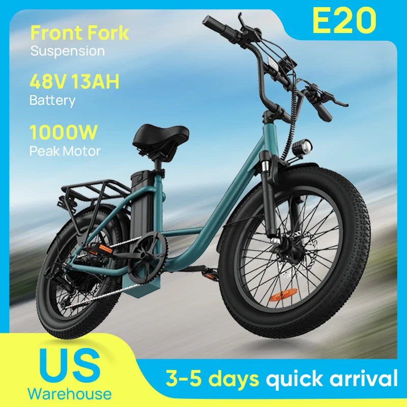 URLIFE 1000W E20 Electric Bike with turquoise frame, front suspension, 48V 13Ah battery, 1000W peak motor
