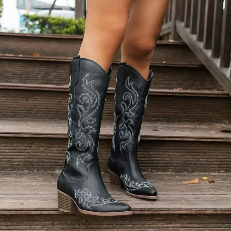 Women retro western embroidered cowboy boots, black with grey embroidery, PrimeCanada.Store pair