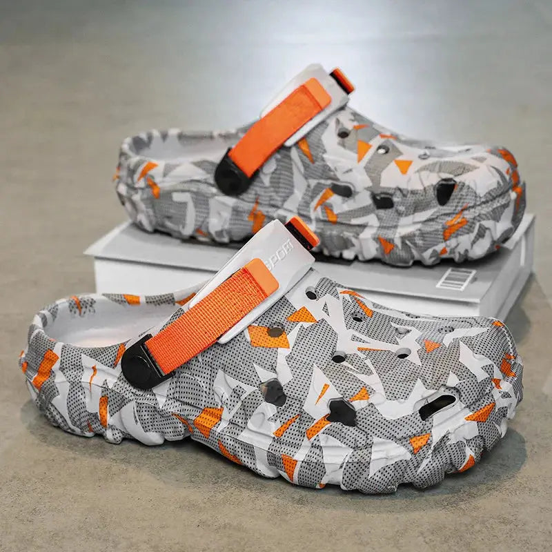 AuraFit men's camo clogs slippers with orange strap and printed camouflage rubber sole; 2 pairs shown