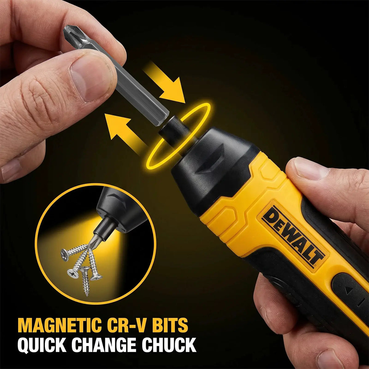 DEWALT cordless screwdriver, 3.6V, 1/4 in chuck; 1300mAh battery, yellow body with magnetic CR-V bits and screws.