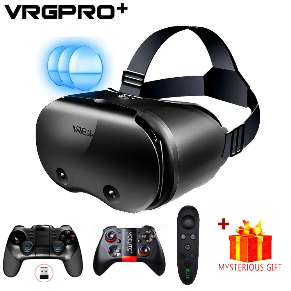 PrimeCanada.Store VR headset for iPhone/Android in black with head strap and real lenses; includes two game controllers and remote