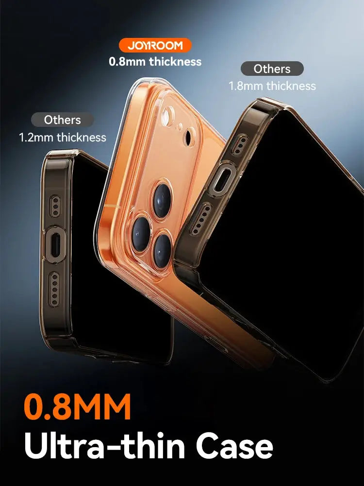 Joyroom crystal-clear PC iPhone case, 0.8mm ultra-thin, anti-yellow lens protection for 18 Pro Max and 17/16/15 Pro Max (3 shown)