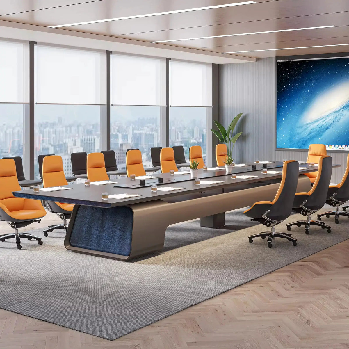 Large executive conference table in a modern boardroom with orange and black chairs.