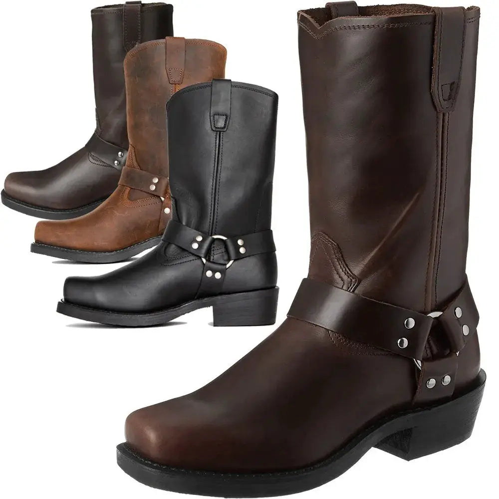 Set of four leather cowboy boots in brown, tan, and black with decorative straps and low chunky heels