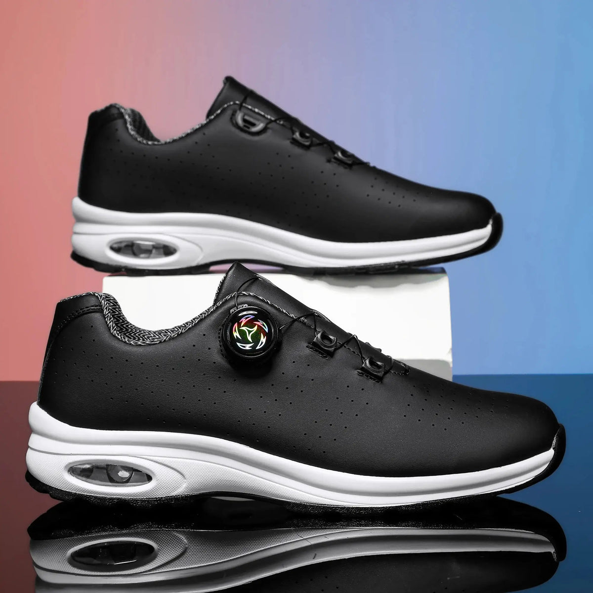 Simple Nen's black casual shoes with perforated upper and air-cushioned white sole (2 shown)