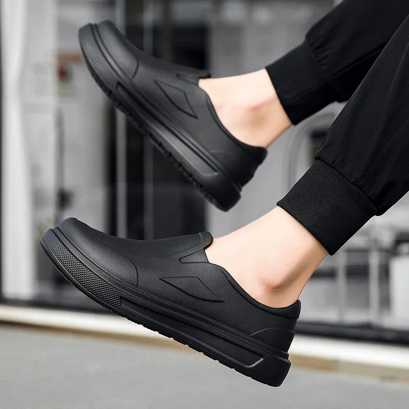 Men's black chef shoes, slip-on anti-slip oil-resistant footwear by PrimeCanada.Store