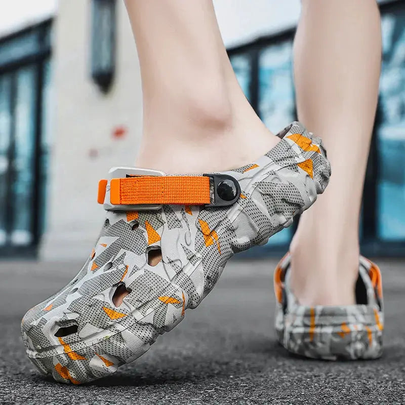 AuraFit Versatile Mens Clogs Slippers with printed camo pattern and orange strap, rubber sole, pair