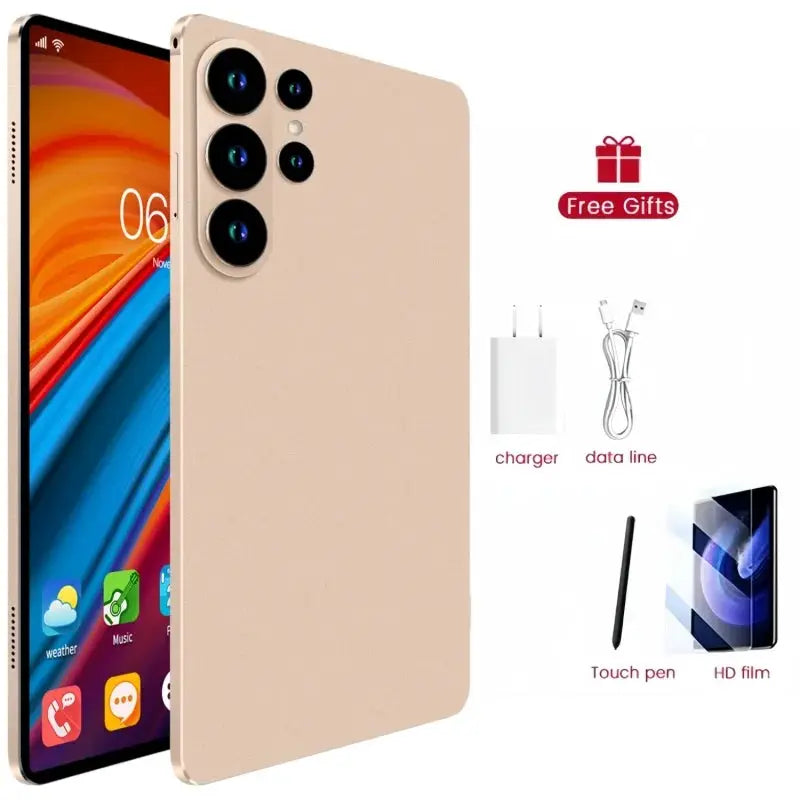 S27 Ultra Android tablet in beige with quad rear cameras; includes charger, data line, touch pen and HD film