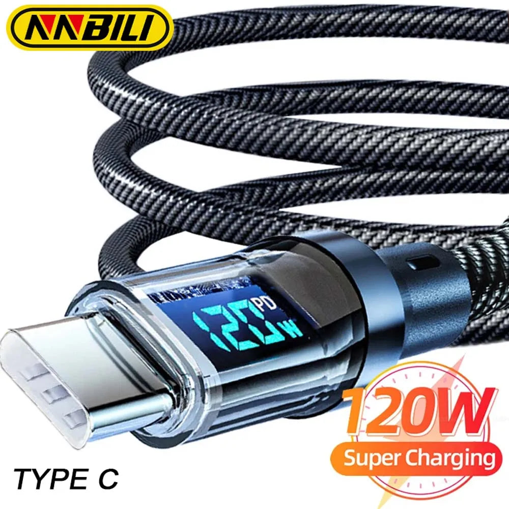 NNBILI Type-C USB charging cable with braided exterior, LED display, 120W fast charging
