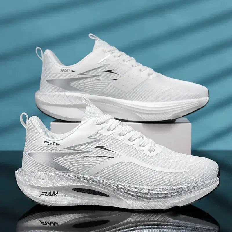 Flam athletic running shoes, white pair, lightweight breathable design