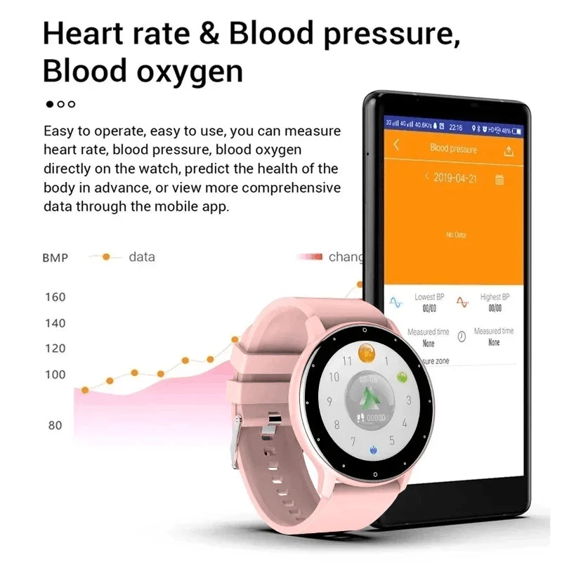 Pink LIGE waterproof smartwatch with fitness tracking and Bluetooth calling, displayed beside a smartphone app screen