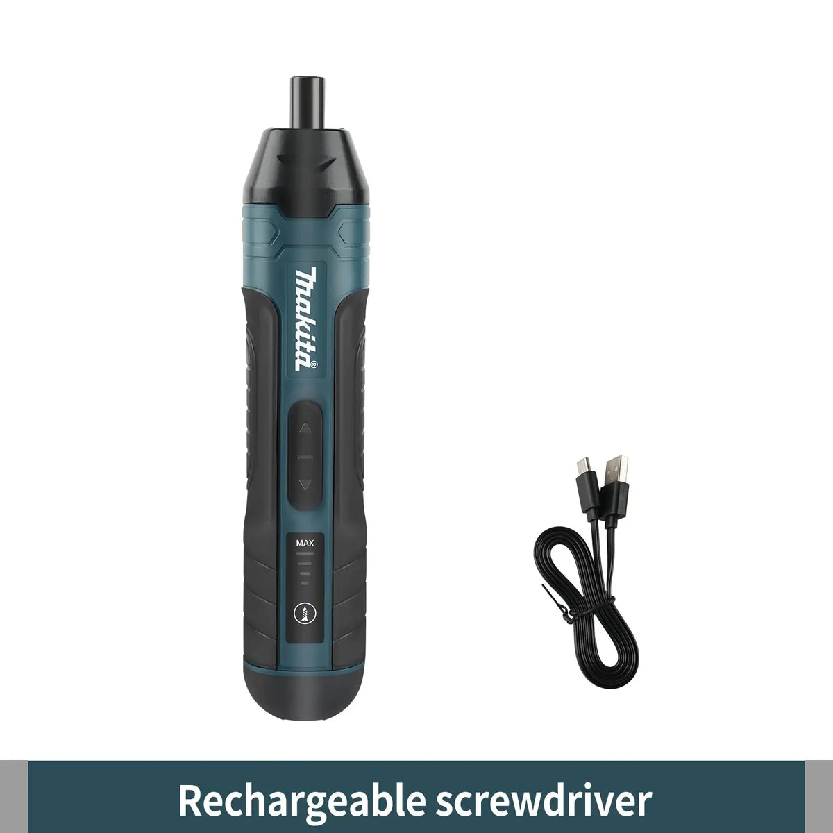 1 Makita cordless rechargeable screwdriver with blue/teal grip and USB charging cable