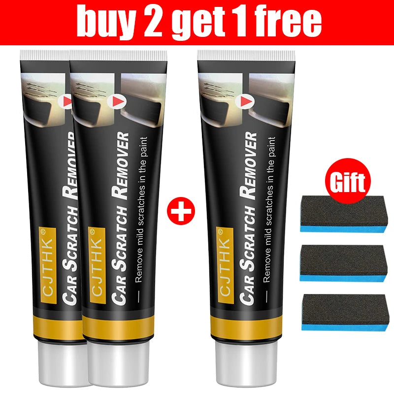 CJTFHK Car Scratch Remover set with 3 black-and-yellow tubes and blue-edged gift sponges