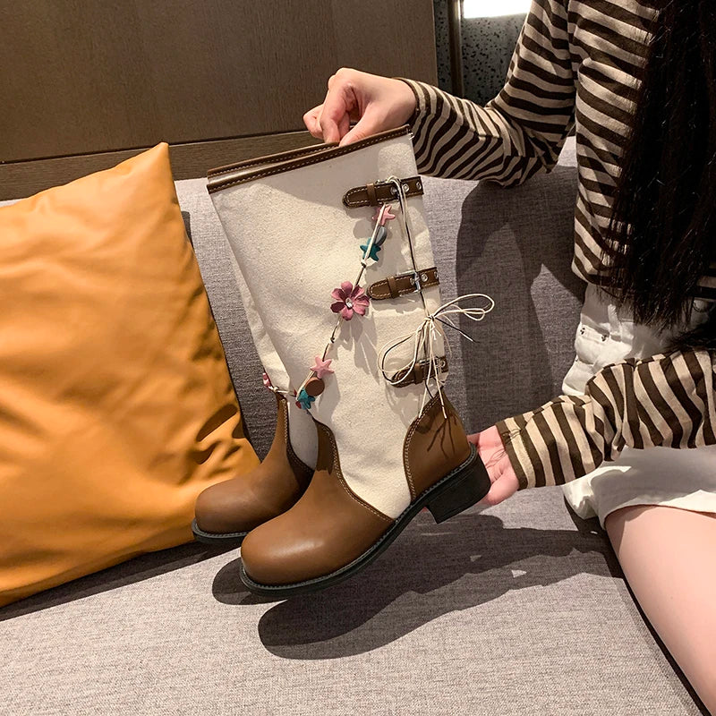 Wide Calf Western Cowboy Boots, pair of two-tone cream and brown with square toe and chunky heel