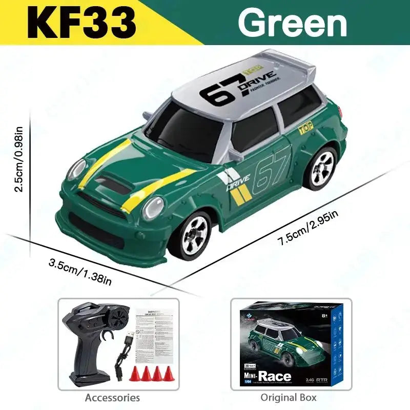 KF20 1/64 Green High-Speed Drift RC Car with 2.4G 4WD remote; includes accessories and original box