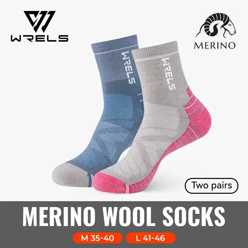 WRELS Merino wool socks, two pairs in blue and gray with pink accents, thermal thick hiking socks