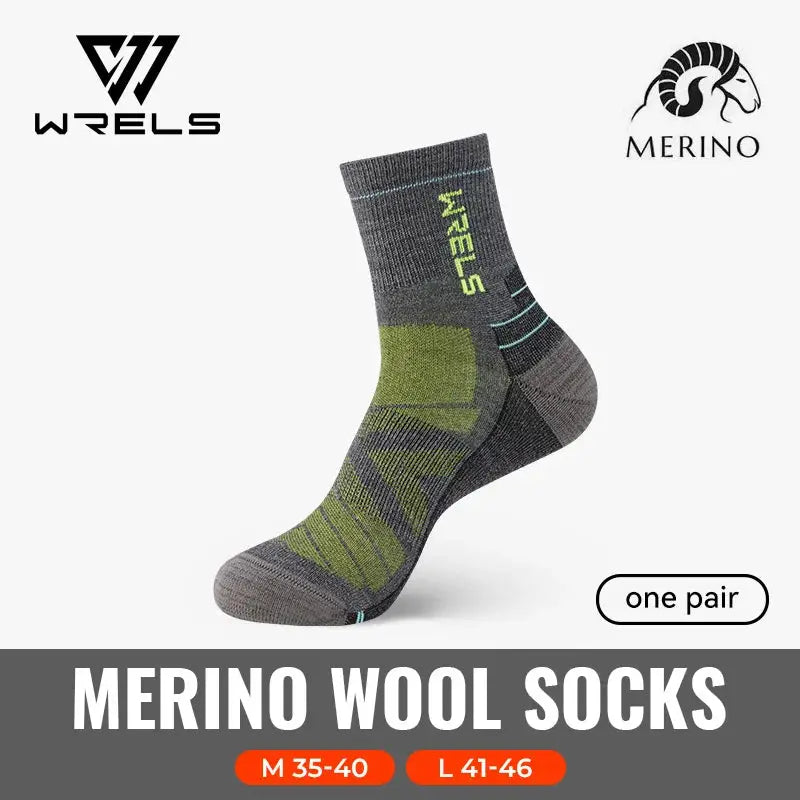 WRELS Merino wool socks, one pair, thermal hiking socks in green and gray with high elasticity