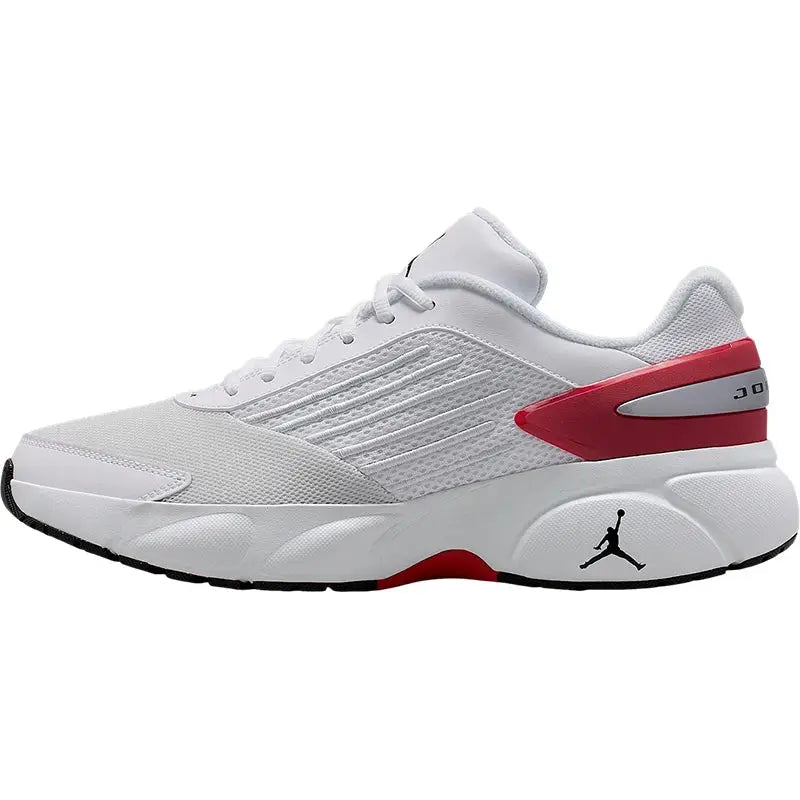 Jordan men's low-top cushioned durable casual shoes white/grey mesh upper with red heel accent