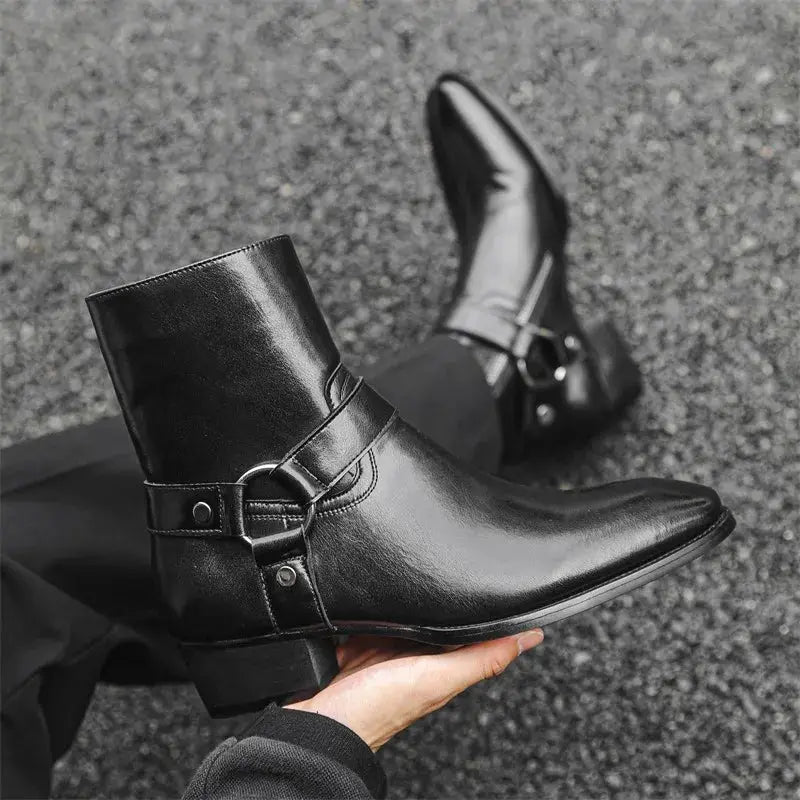 WestLine Premium black slip-on Western Chelsea boots with leather buckle strap