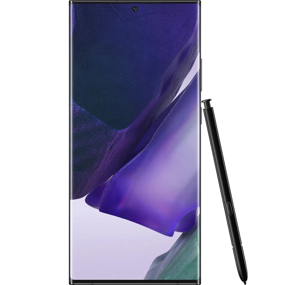 Samsung Galaxy Note 20 Ultra 5G smartphone with S Pen, purple gradient finish, stylus included, front view
