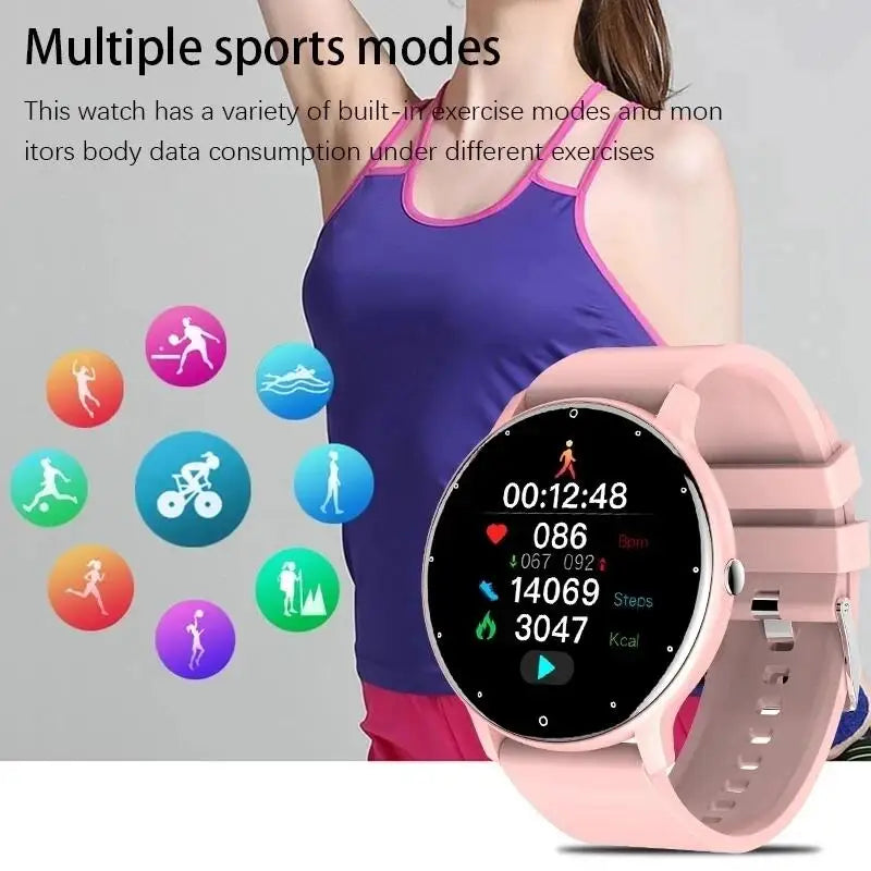 LIGE waterproof smartwatch with pink strap and rose-gold case, round touchscreen displaying fitness stats