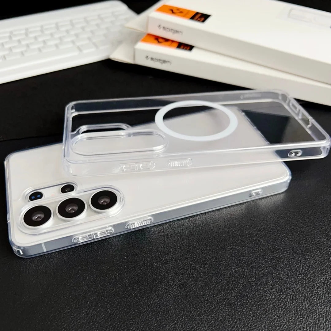 Spigen clear PC MagSafe case for Samsung Galaxy S26 Ultra, S25, S24 Plus; transparent, shockproof