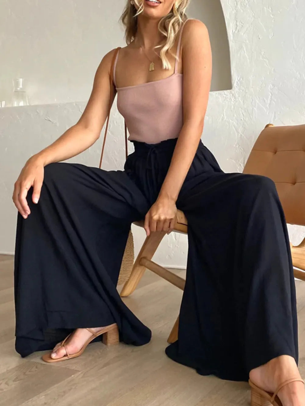 High Waist Wide Leg Pants in black with a drawstring waist; palazzo style for a flowing fit