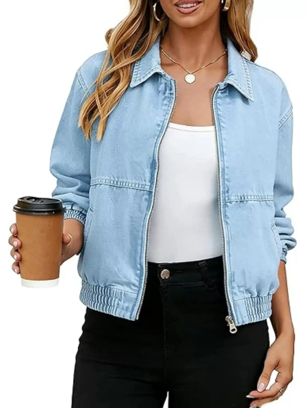Classic Soft Wash Zip Up Denim Jacket in light blue with comfortable stretch by Trendsi.