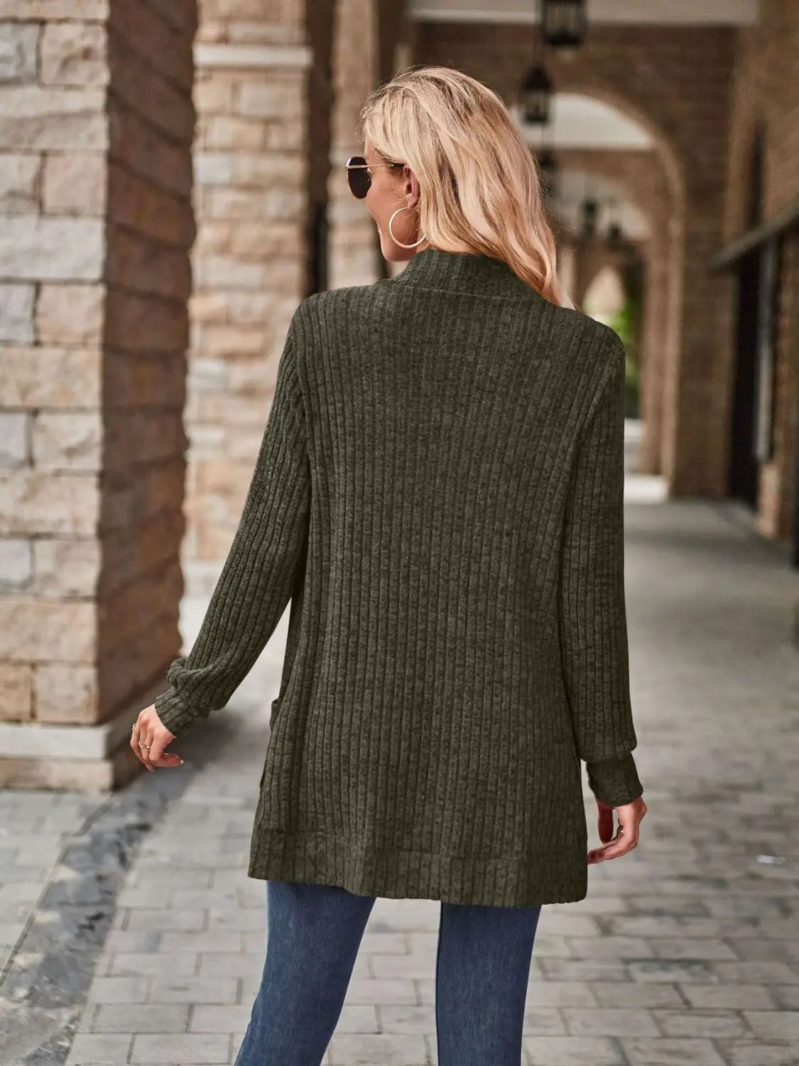 Stretchy open-front cardigan in olive ribbed knit; longline hip-length