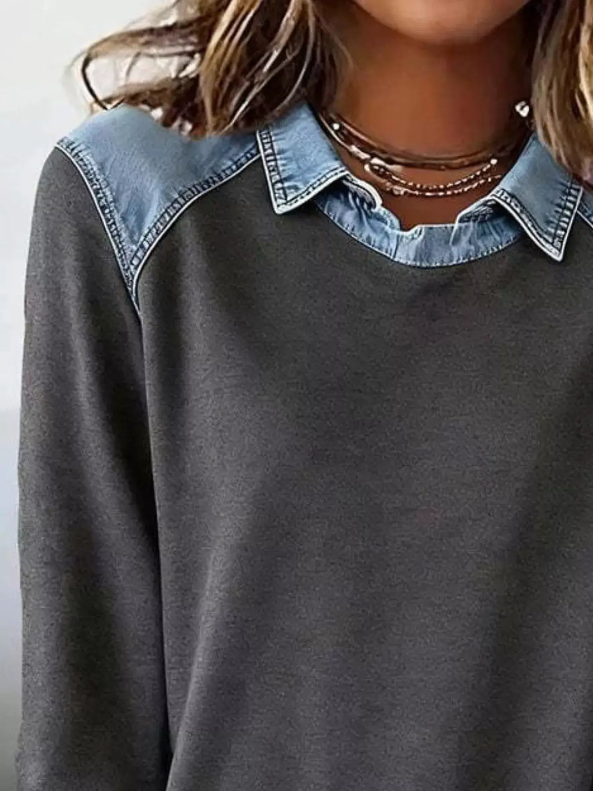 Classic Plus Size Long Sleeve Top With Contrast Denim Trim Overlay in dark gray with denim collar and shoulder trim