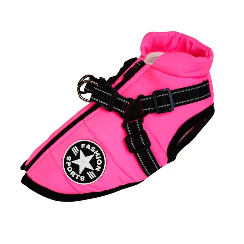 Waterproof pink dog coat with harness; black adjustable straps and a round logo patch