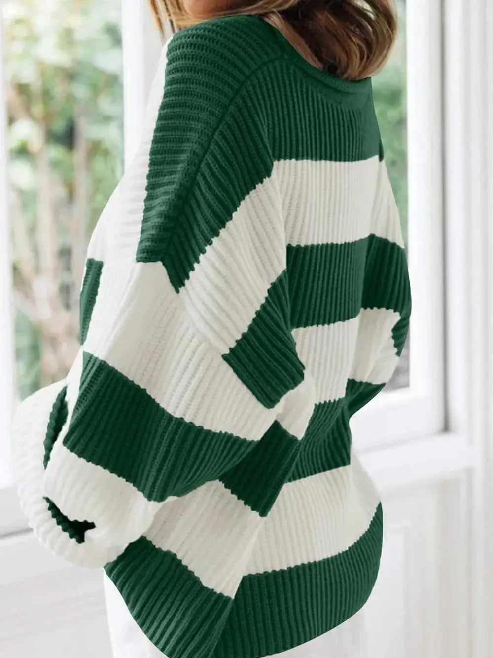 Essential Round Neck Long Sleeve Soft Stretch Sweater in green and white stripes by Trendsi.