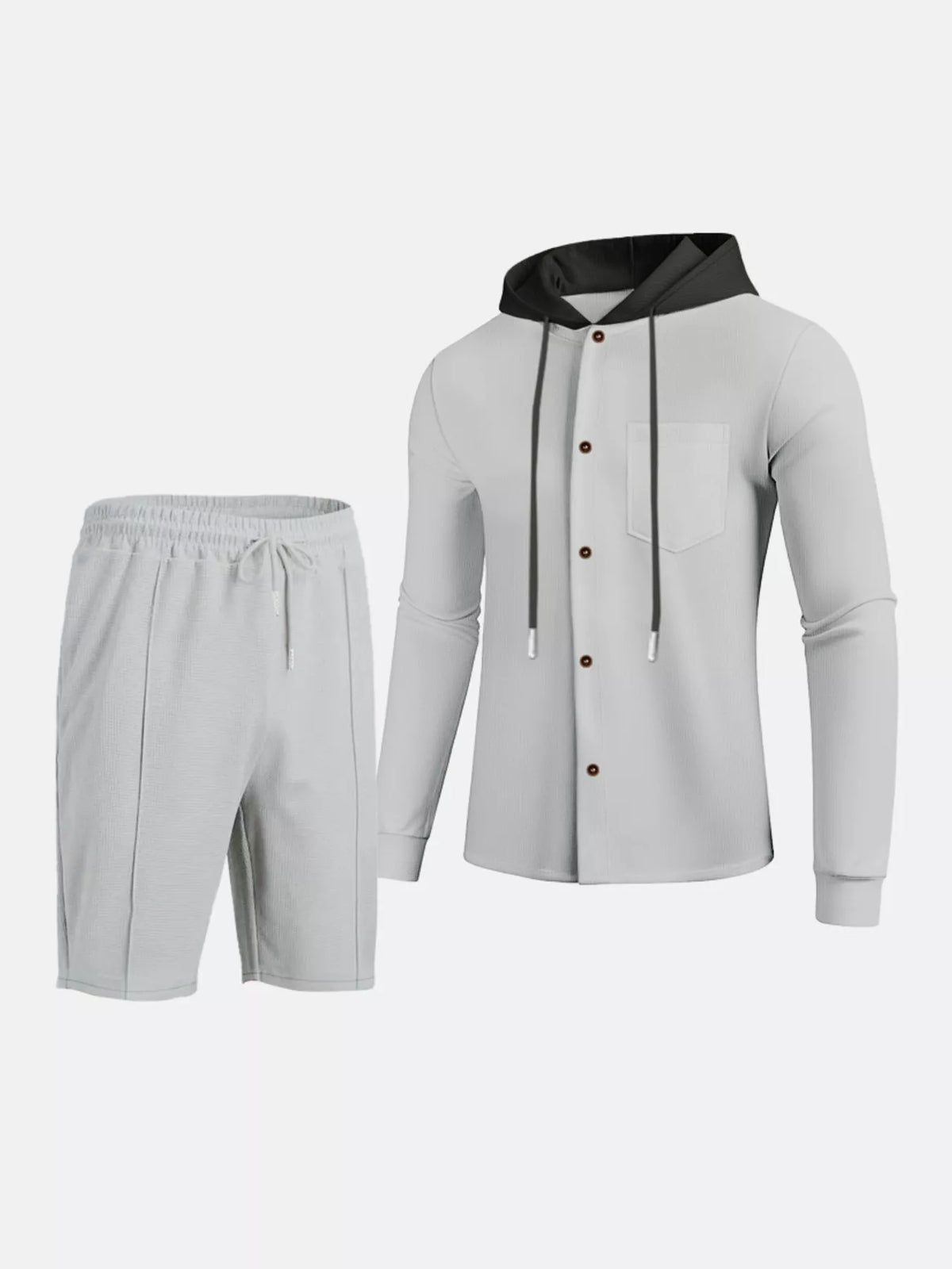 Men's full-size casual hooded button-up top and shorts set in light gray with a dark hood.