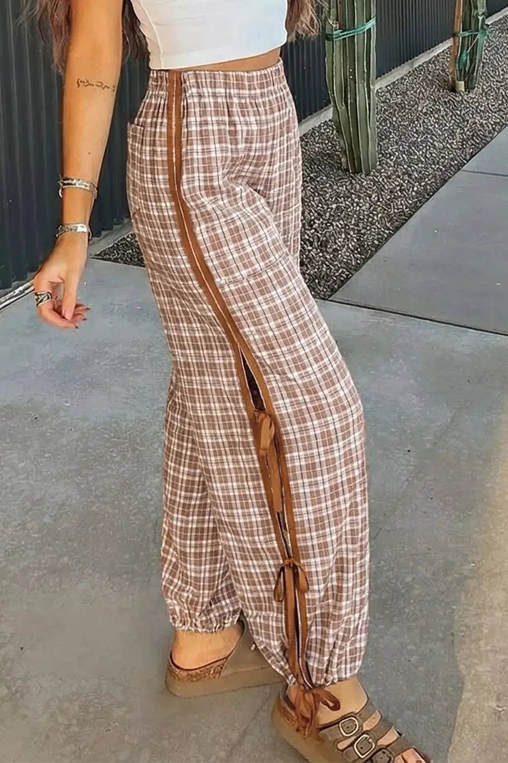 Plaid Print Tie Detail Casual Pants, brown/tan check with side ties, Trendsi trousers.